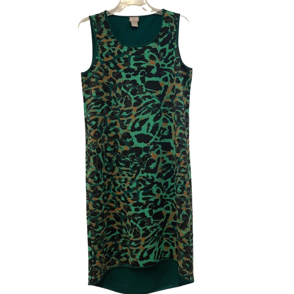 Chicos Green Animal Print Sleeveless Hi Low Hem Midi Maxi Dress NWOT Size 1 8/10